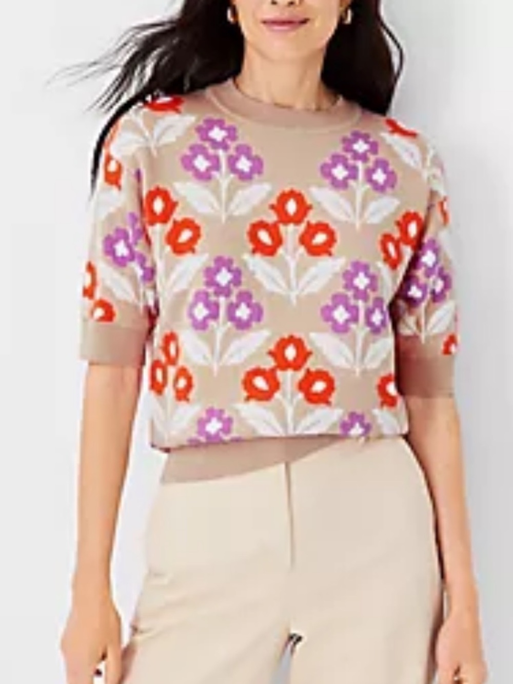 Ann Taylor Beige Floral Short-Sleeve Sweater with Red and Purple Blooms